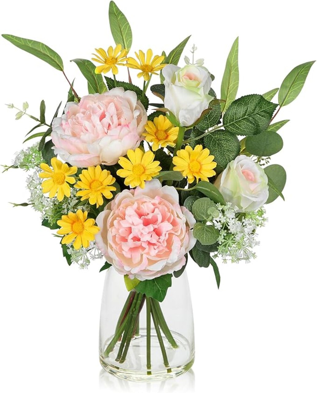 Artificial Flowers in Vase, Mixed White Rose Pink Peony Yellow Daisy and Greenery Leaf Floral Arrangements, Fake Flowers in Glass Vase with Faux Water, Home Wedding Patio Centerpiece Decor